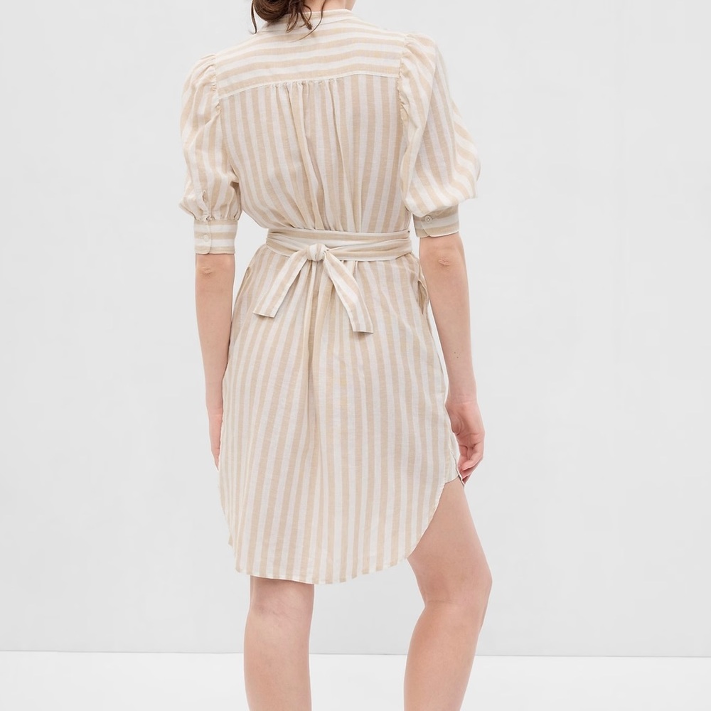 Gap Puff Sleeve Linen-Cotton Khaki Tan/White Strip Shirtdress Size Large New - Picture 2 of 6